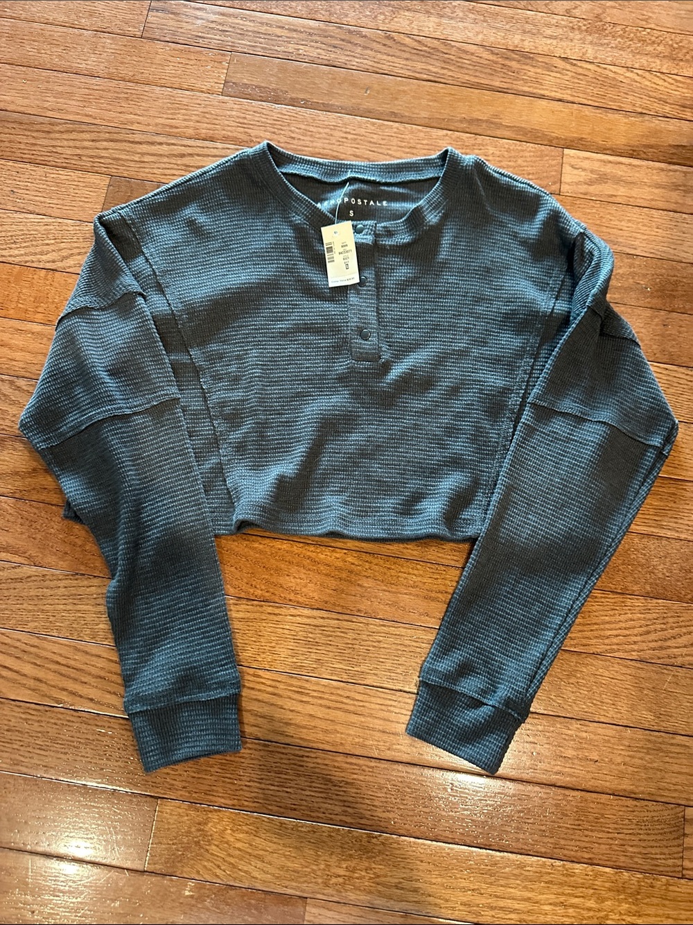 Aeropostale Cropped Thermal Henley Sweater - dark green size S NWT